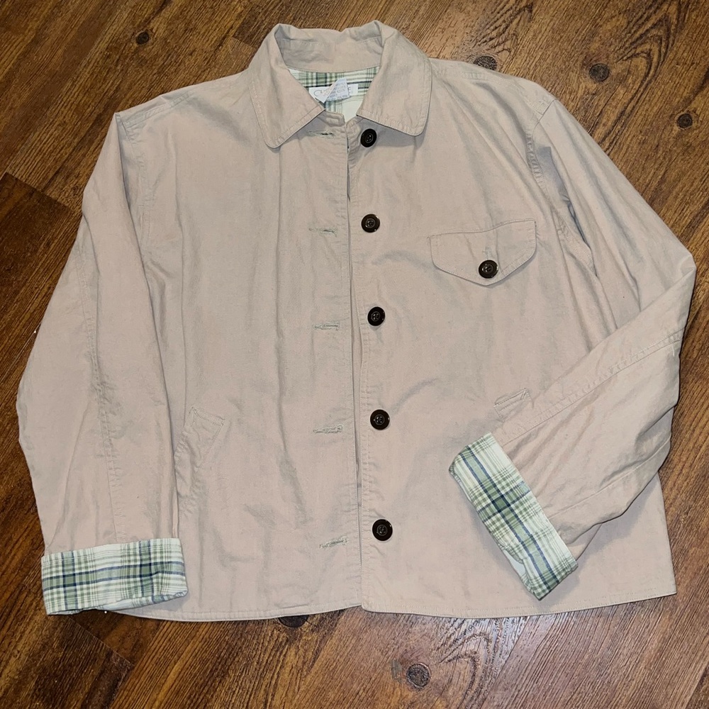 Cherokee Khaki Tan Button Up Long Sleeve Utility Jacket  Y2K Plaid Lining Size S - Picture 4 of 12